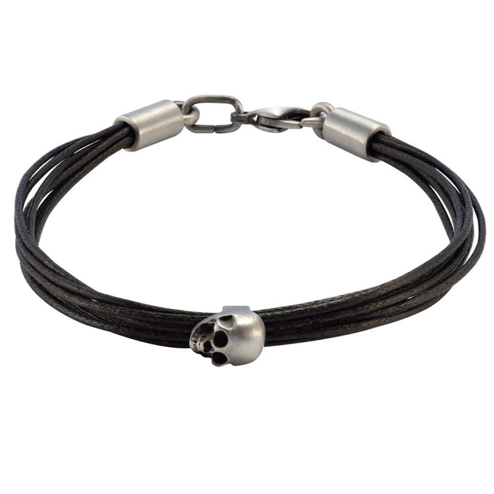 Bracelet silver skull on black leather